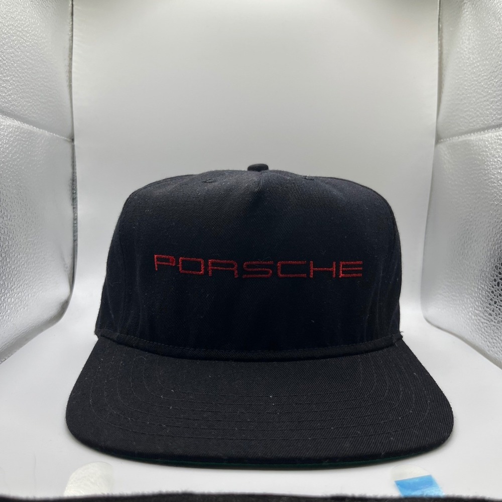Vintage Porsche Hat Mens Black Red Spellout Logo Flat Brim Adjustable Strapback